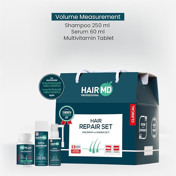 Post-Transplant Hair Care Set - 3-Month Treatment with Repair Shampoo, Serum, and Hair Multivitamins with Biotin, Keratin, Collagen