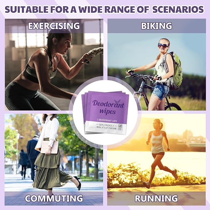 Timgle 100 Pcs Travel Deodorant Wipes Individually Wrapped Armpit Antiperspirant Deodorant Sweat Body Wipes for Women Men Teens Sports Travel Cleanse Skin and Underarm Excessive Sweating (Lavender)