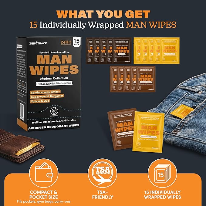Zero Trace Travel Deodorant Wipes for Men – 30 Individually Wrapped Deodorizing Wipe with Sandalwood & Amber, Cedarwood & Bergamot, Vetiver & Oud – Refreshing Underarm Body Wipes for Gym & On-the-Go