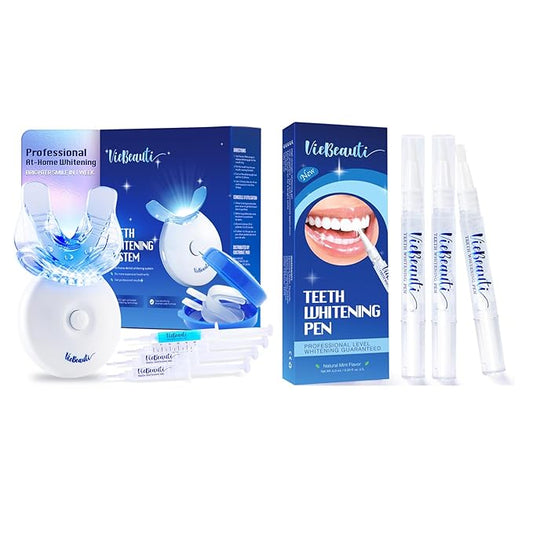 VieBeauti Teeth Whitening Bundle – 3 Whitening Pens & LED Whitening Kit with Remineralizing Gel – Professional at-Home Teeth Whitening for Sensitive Teeth, 35% Carbamide Peroxide Mint