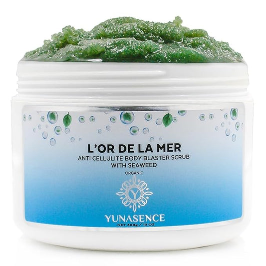 YUNASENCE L'OR DE LA MER Organic Anti Cellulite Body Blaster Scrub with Sea Salt, Seaweed, Lemongrass 13oz Smoothing Exfoliating Moisturizing Skin Massage Treatment.