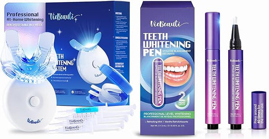 VieBeauti Teeth Whitening Kit with LED Light + Teeth Whitening Pen Gel – 35% Carbamide Peroxide, Gentle Stain Removal for Sensitive Teeth, with Remineralizing Gel, Mint Flavor