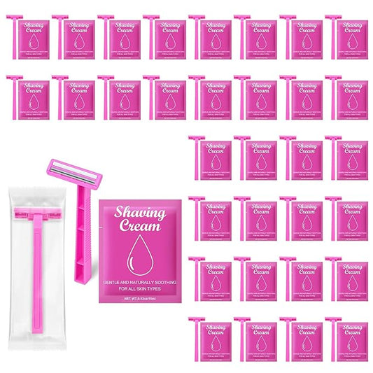 Women's Disposable Razors Individually Wrapped and Womens Shaving Cream Bulk Travel,Twin Blade,Disposable Razors Women Bulk with Clear Safety Cap Care Dry Skin 0.53oz Shave Gel for Travel Guests（60）