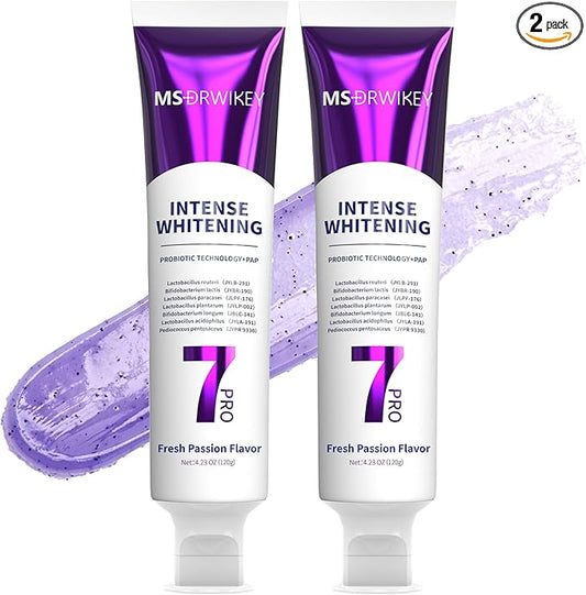 2-Pack Popping 7-Pro Whitening Toothpaste | Deep Whitening & 7 Probiotics for Oral Health | Purple Beads for Extra Freshness | Fluoride-Free