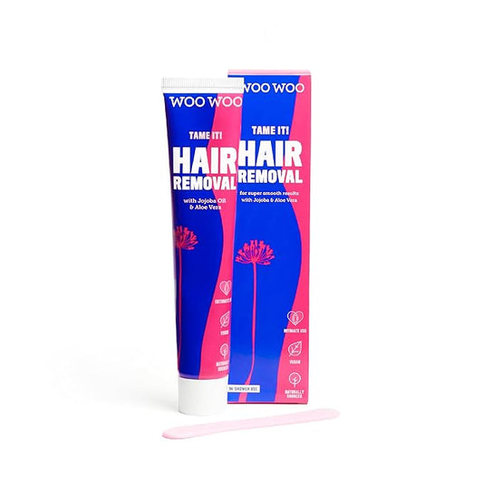 WooWoo Tame It! Natural Intimate Hair Removal Cream - Painless Vegan Hair Remover For Sensitive Skin - Depilatory For Genitals, Bikini, Legs & Bum - Women In-Shower Cream With Aloe Vera - 100ml