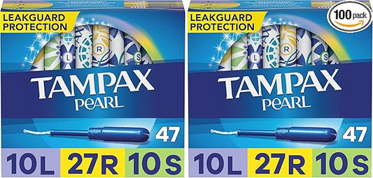 Tampax Pearl Plastic Tampons, Mutlipack, Light/Regular/Super Absorbency, Unscented, 47 Count (Packaging May Vary) (Pack of 2)