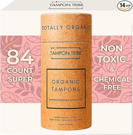 Tampon Tribe Super Organic Tampons for Women | 84 Non-Toxic Tampons | Natural 100% Organic Cotton, Hypoallergenic, Chemical and Metal-Free with Biodegradable Applicator | (84 Count - Super)